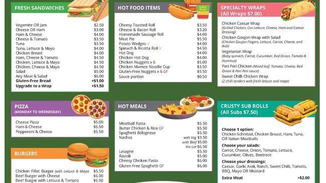 A Sydney school canteen menu. Cost of living pressures mean fewer families are forking out for a chicken burger every day. Picture: Supplied