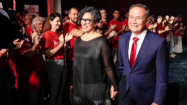 WA Premier Roger Cook arrives with his wife Carly Lane at the WA Labor’s state election campaign launch in Perth on February 23. Picture: Paul Garvey