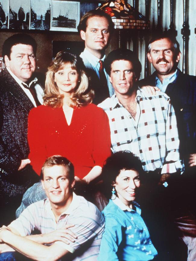 Woody Harrelson (bottom left) rose to fame playing a barman in Cheers. Picture: Supplied