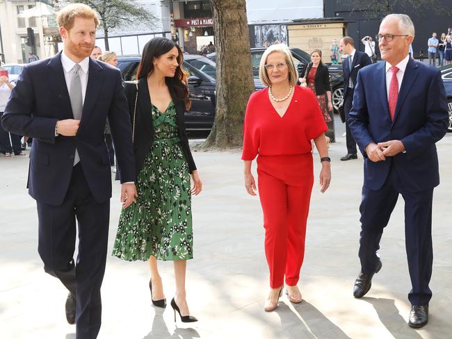 Prince Harry, Meghan Markle, Lucy Turnbull and Prime Minister Malcolm Turnbull arrive at Australia House in London.