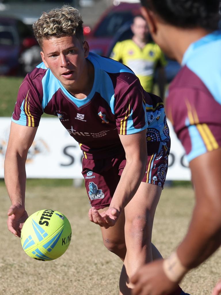 Titans Cup Finals. Tweed River High (green and Black) v Keebra Park (blue) in Open Boys Development division at Southport Tigers . Picture Glenn Hampson.