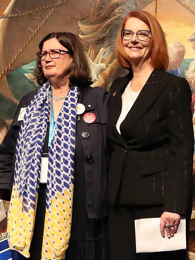 Leonie Sheedy with former prime minister Julia Gillard after the National Apology to Victims and Survivors of Institutional Child Sexual Abuse. Picture: Kym Smith