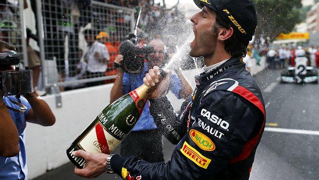 Mark Webber celebrates winning the Monaco Formula One Grand Prix.