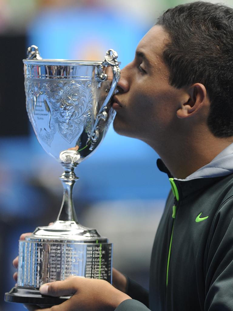 Nick Kyrgios celebrates after his win over Kokkinakis in that match.