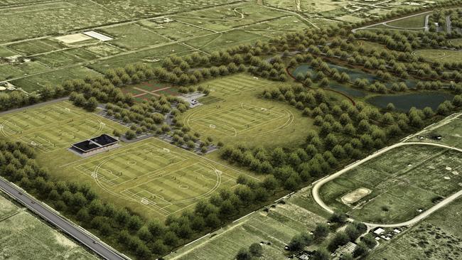 Renders for the proposed South East Sports Hub as part of a $1.3bn plan to boost housing and sporting facilities in Melbourne’s southeast. Picture: Intrapac