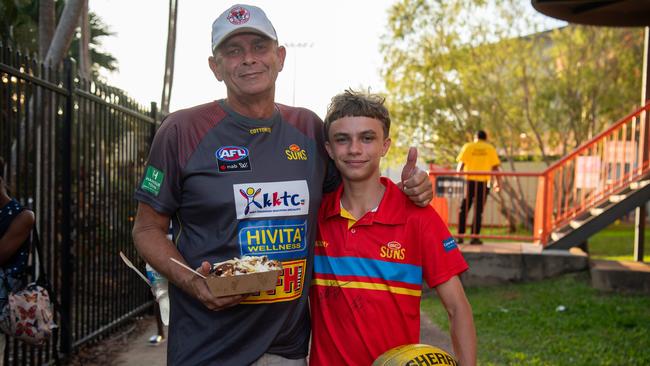 Rob and Will Kievit at the Gold Coast Suns vs Geelong Cats Round 10 AFL match at TIO Stadium. Picture: Pema Tamang Pakhrin