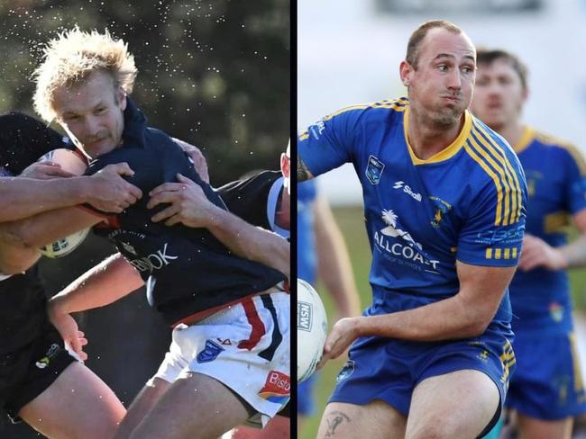 Jack Weir for the Erina Eagles and Brady Barwick from the Toukley Hawks in action during the 2023 Central Coast Rugby League season. Picture: Jodie Ward/Sue Graham