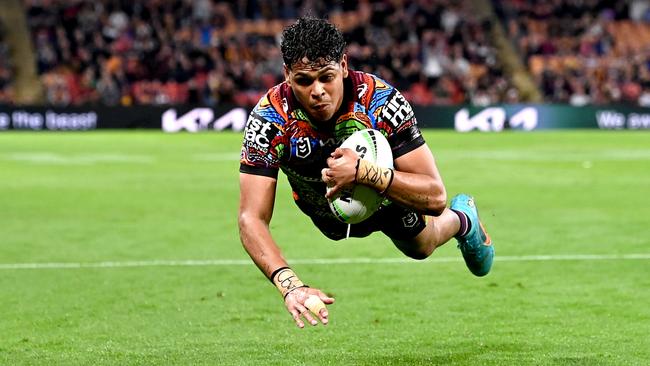 Selwyn Cobbo scored three tries against the Knights at Suncorp Stadium. Picture: Bradley Kanaris/Getty Images