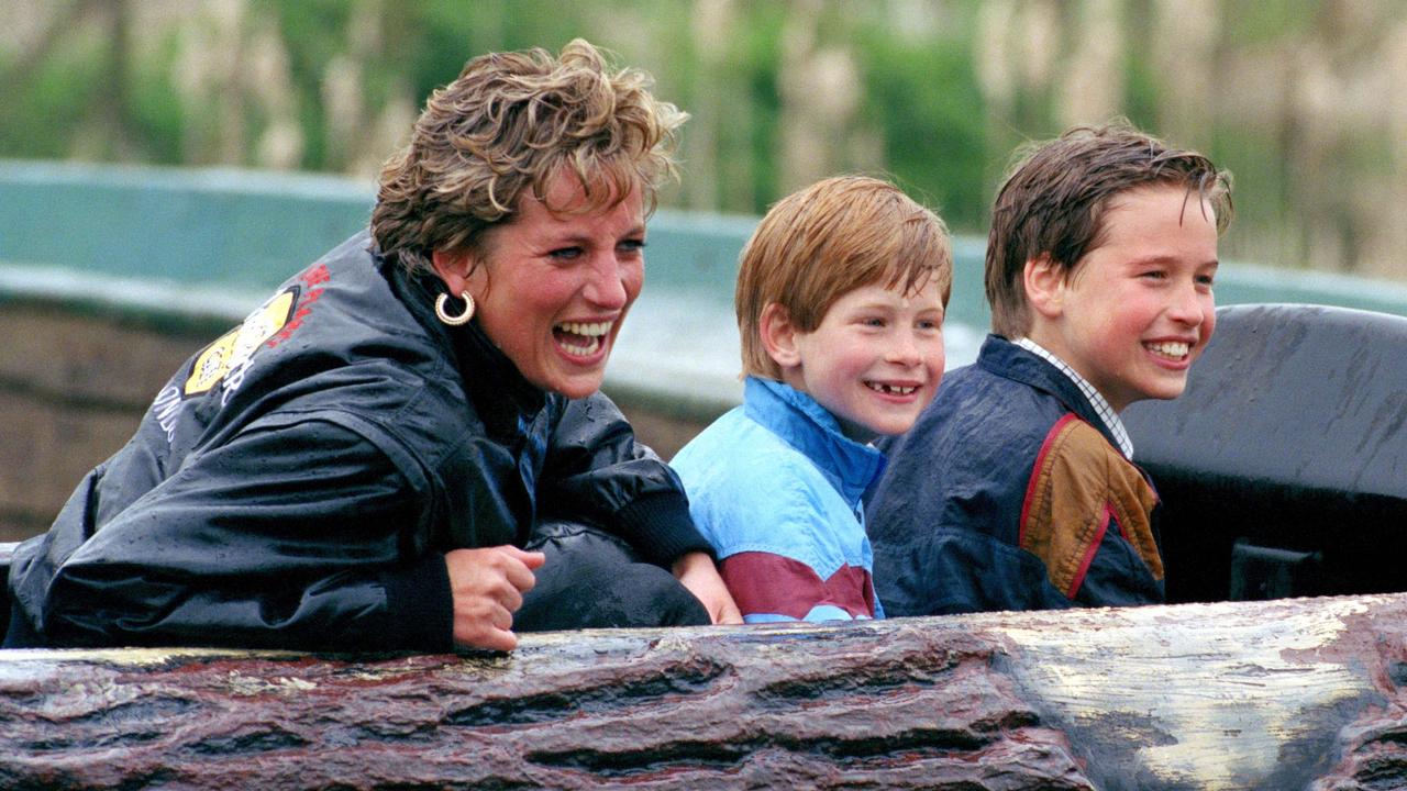 Princess Diana with sons Prince William Prince Harry at the Thorpe Park amusement park in 1993. Picture: Julian Parker/UK Press via Getty Images