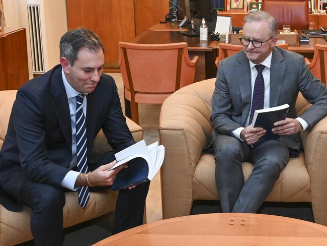 Prime Minister Anthony Albanese and Treasurer Jim Chalmers with the 20024 budget papers. Picture: Martin Ollman