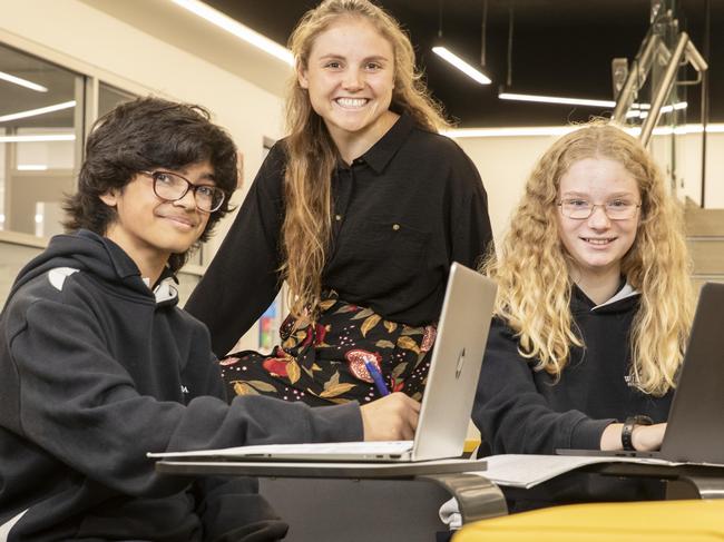 Naplan due to start in SA on Tuesday. This will be the last time public primary school Year 7s will write the tests. But Wirreanda High is a step ahead, as one of the schools trialling Year 7s at secondary level. Year 7 students Dominic and Elizabeth preparing for the test with their teacher Natasha Paffett on May 10, 2021. Picture Simon Cross