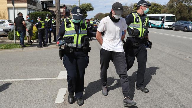 Police started arresting protesters at Elwood Beach. Picture: Alex Coppel