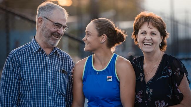 Ash Barty with her parents Robert and Josie in mid-March 2021 just prior to her leaving Australia to begin her campaign in Wimbledon. Picture: Nic Morley