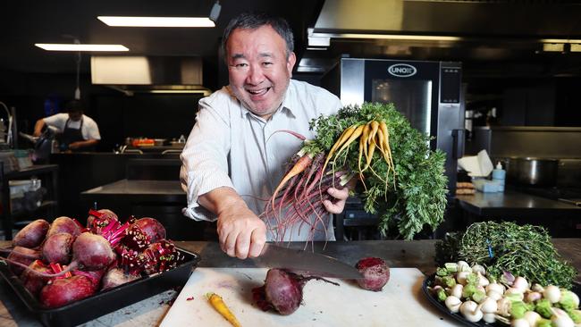 Tetsuya Wakuda with tasty Tasmanian produce. Picture: REBECCA MICHAEL