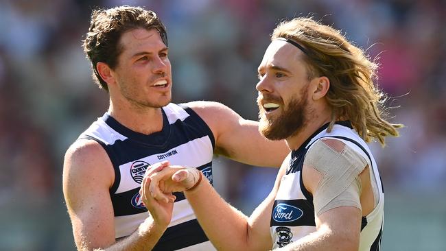 Cameron Guthrie is congratulated by Isaac Smith after kicking a goal. Picture: Getty Images