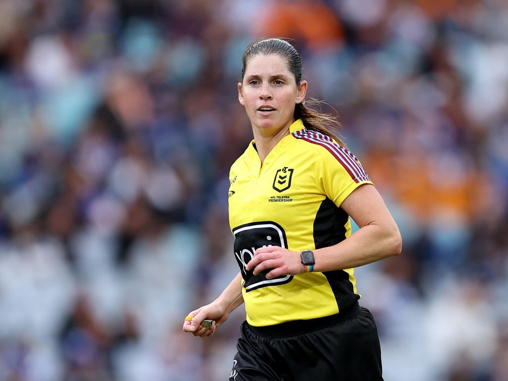 SYDNEY, AUSTRALIA – MAY 04: Referee, Kasey Badger in action during the round nine NRL match between Canterbury Bulldogs and Wests Tigers at Accor Stadium, on May 04, 2024, in Sydney, Australia. (Photo by Brendon Thorne/Getty Images)