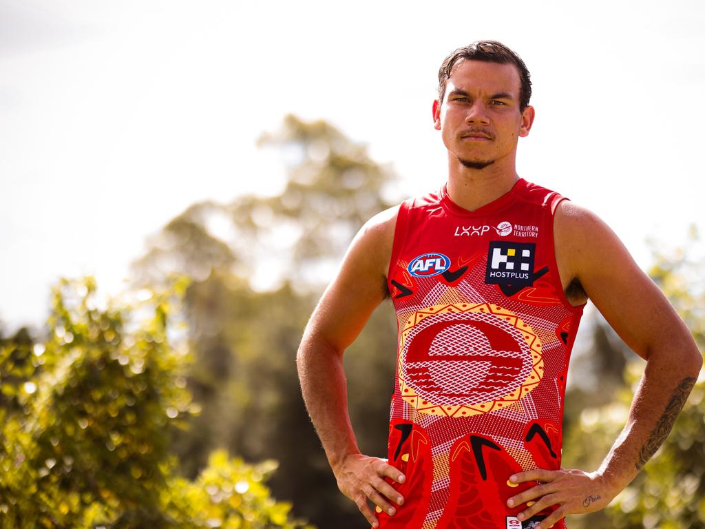 Gold Coast Suns player Daniel Rioli models the club's 2025 Darwin/Larrakia guernsey for the round nine and 10 games in Darwin. Photo: Gold Coast Suns