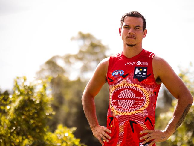 Gold Coast Suns player Daniel Rioli models the club's 2025 Darwin/Larrakia guernsey for the round nine and 10 games in Darwin. Photo: Gold Coast Suns