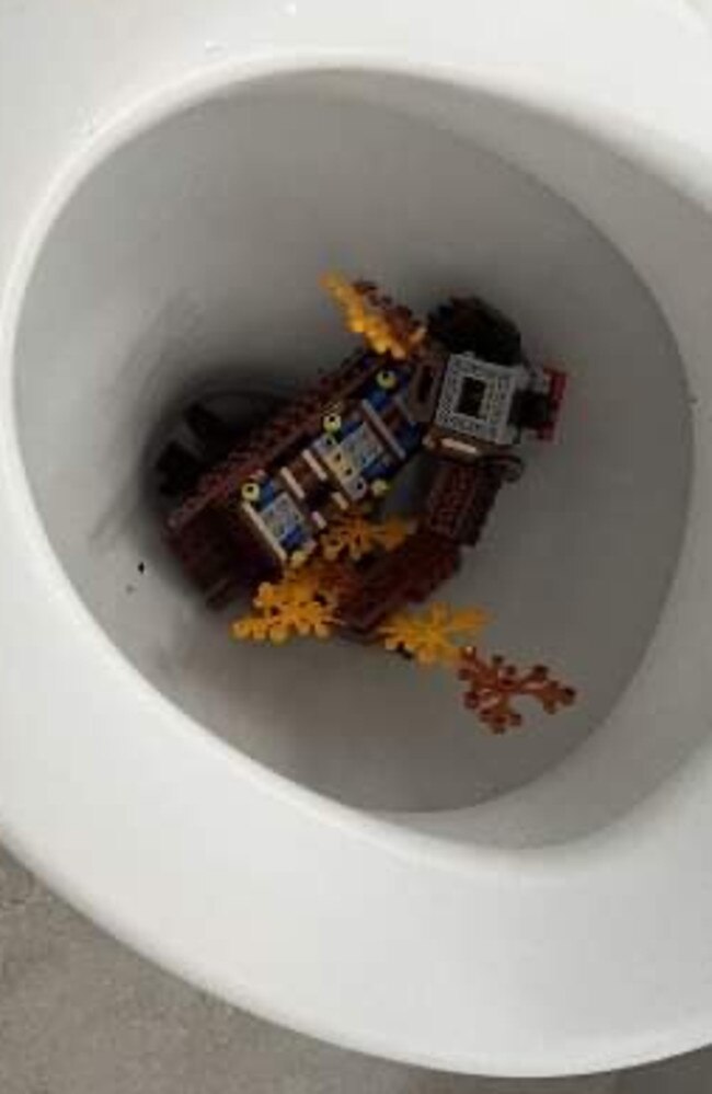 The thieves poured Lego in the toilet.