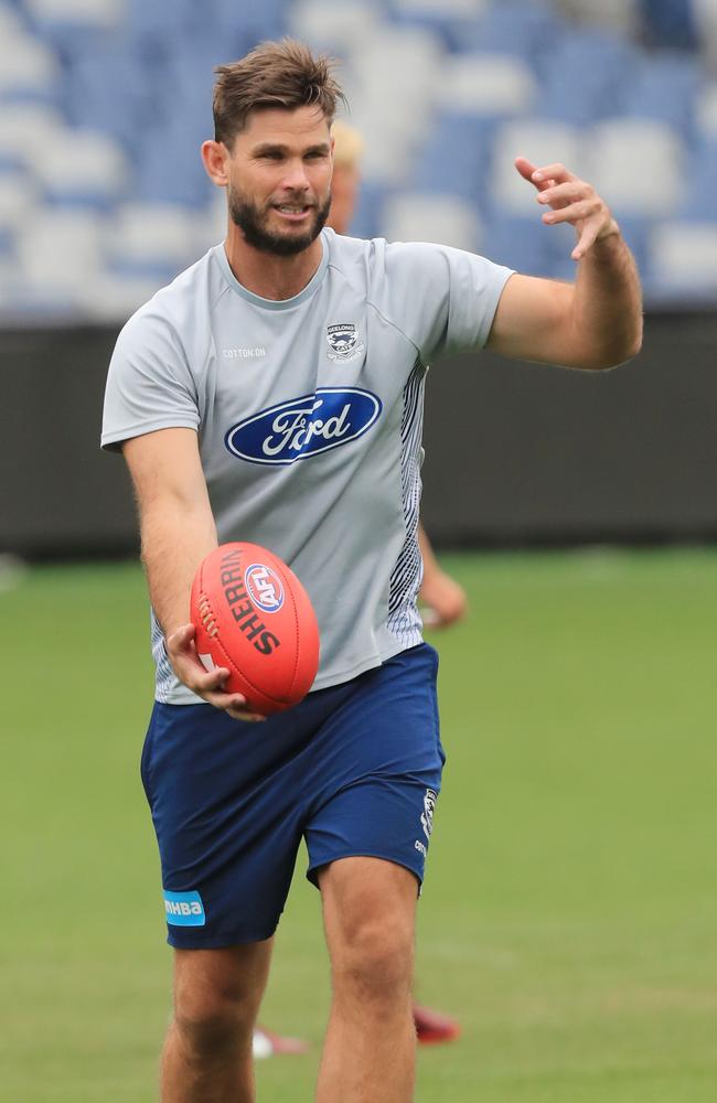 Tom Hawkins is yet to resume full training after off-season surgery. Picture: Mark Wilson