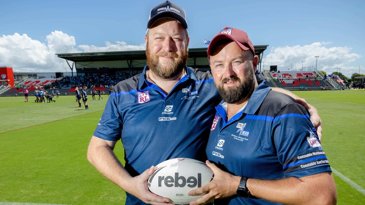 Queensland Police Service Western Downs police officers Matt Minz and Justin Drier at the Rachel McCrow and Matthew Arnold Memorial Day at Redcliffe Dolphins. – Picture: Richard Walker