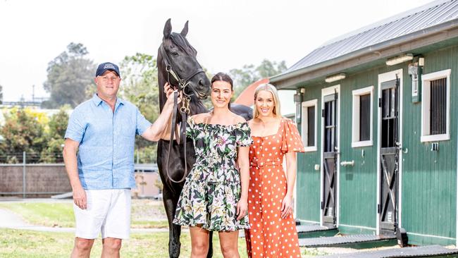 Trainer Danny O’Brien with syndicate owners Nina O’Brien and Rianna Ponting with Need New Friends. Picture: Tim Carrafa.