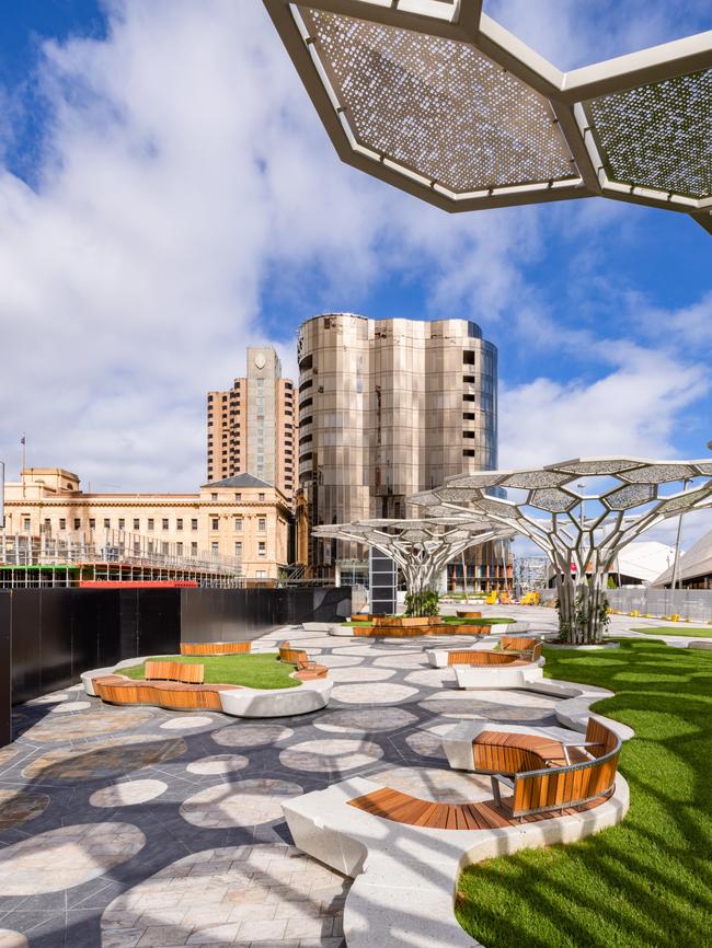 SkyCity represents the perfect backdrop for the recently completed Festival Plaza public realm. Picture: Renewal SA