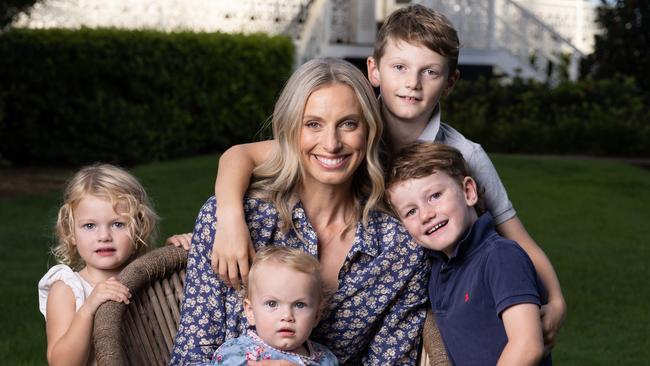 Laura Geitz with her children Barney, 7, Franky, 4, Billie, 3, and PIppa, 1, at their Brookfield home. Picture: David Kelly.