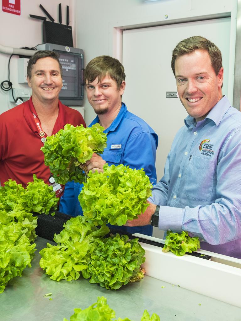 Harvesting the lettuce are (from left) TAFE Queensland South West general manager Brent Kinnane, student Aaron Payne and TSBE Food Leaders general manager Bruce McConnel in the grow pod. Picture: Kevin Farmer