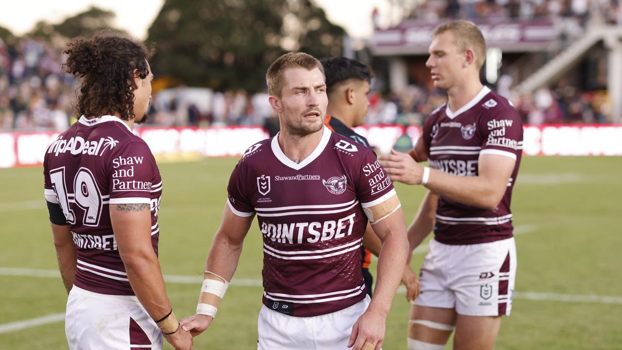 SYDNEY, AUSTRALIA - MAY 07: Kieran Foran of the Sea Eagles looks on after the round nine NRL match between the Manly Sea Eagles and the Wests Tigers at 4 Pines Park, on May 07, 2022, in Sydney, Australia. (Photo by Mark Evans/Getty Images)