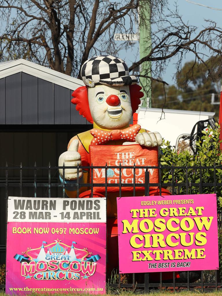 One of the dozens of Moscow Circus clowns outside Geelong properties. Picture: Alison Wynd