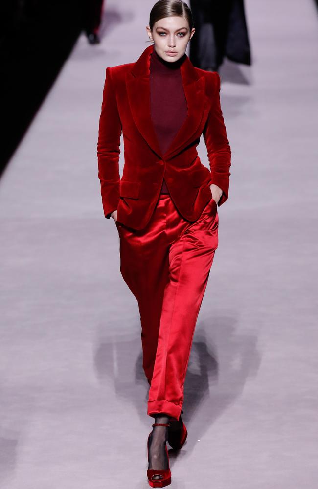 She’s red-y! Gigi Hadid walks the runway at the Tom Ford’s autumn/winter 2019 collection in New York. Picture: Getty Images