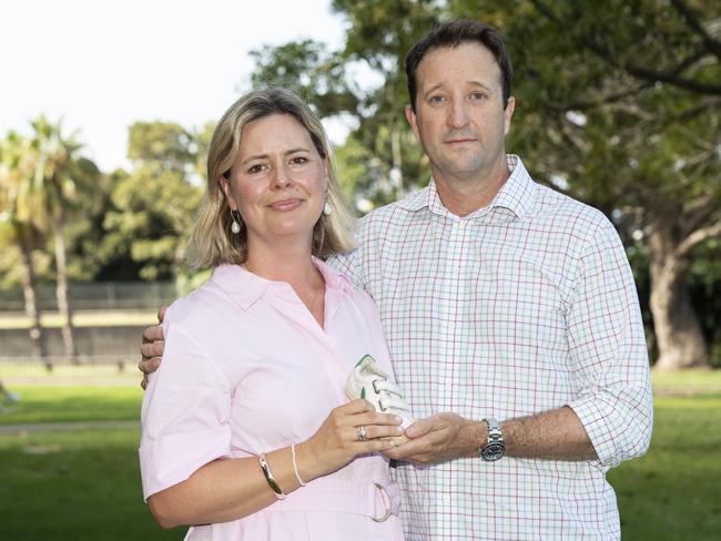 SYDNEY, AUSTRALIA - NewsWire- Wednesday, 26 February 2025:Elouise and Danny Massa, parents of the boy who died after negligence at Northern Beaches hospital pictured speaking to press under the Fig Tree on Hospital Rd, The Domain, Sydney, after meeting with Premier Chris Minns.Picture: NewsWire / Monique Harmer