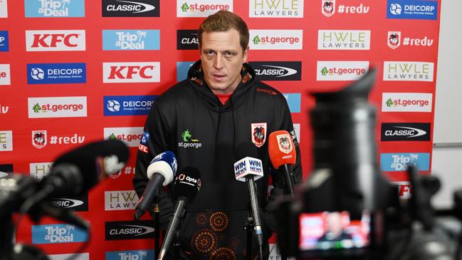 St. George Illawarra Dragons interim coach Ryan Carr speaks to media at WIN Stadium in Wollongong, Thursday, May 18, 2023. Thge Dragons sacked head coach Anthony Griffin on Tuesday. (AAP Image/Dean Lewins) NO ARCHIVING, EDITORIAL USE ONLY