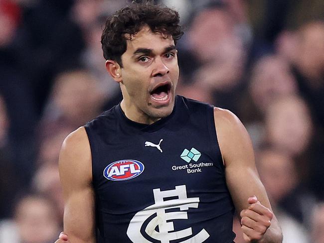 MELBOURNE, AUGUST 3, 2024: 2024 AFL Football - Round 21 - Collingwood Magpies V Carlton Blues at the MCG. Jack Martin of the Blues celebrates a goal.  Picture: Mark Stewart