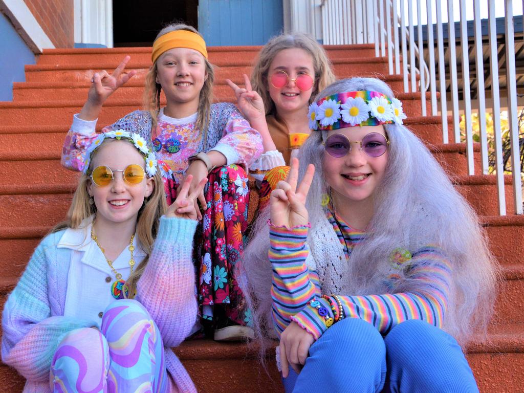 Dressing up as 'hippie grannies' from My Hippie Grandmother are (back from left) Annabelle Holm, Lucy Urquhart, (front from left) Jordan Rose and Evie Duncombe. Picture: Rhylea Millar