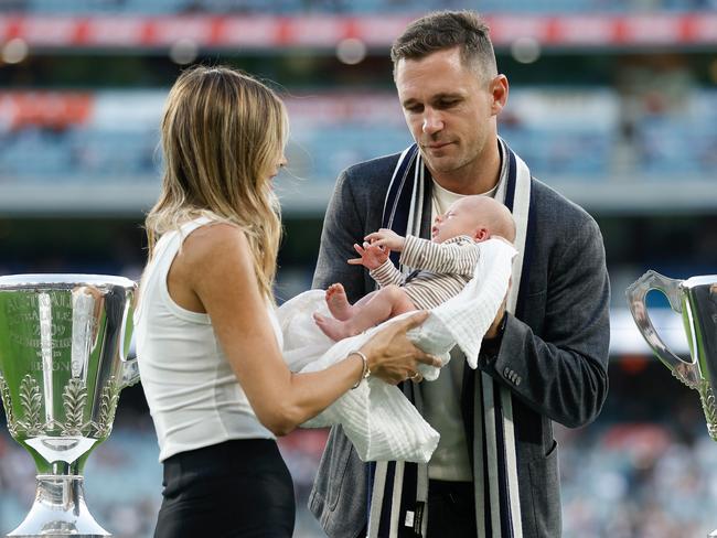 The Selwoods with baby Joey at the first round of the 2023 AFL season. Picture: Michael Willson/AFL Photos via Getty Images