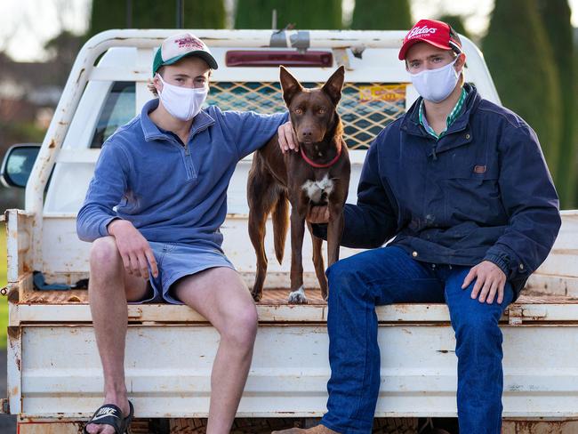 Brothers Barney (Jeans and dark blue top), 18, and Charlie Mort (shorts and white/blue cap), 17, and their kelpie, Barty from Bourke NSW. The boys are trapped at Geelong Grammar by current border restrictions.  Picture: Mark Stewart