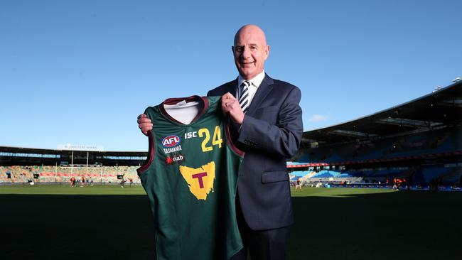 Premier Peter Gutwein at Blundstone Arena supporting AFL games in Tasmania with the push for our own Tasmanian team. Picture: Nikki Davis-Jones