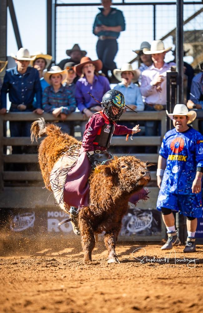 Wylie Roots at age 10 competing in the mini bull ride.