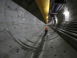 Underground in the North West Rail Link tunnel near Bella Vista. The North West Rail Link is underway and TBM Elizabeth has cut through 1092metres of earth travelling East from Bella Vista. Picture: Bradley Hunter