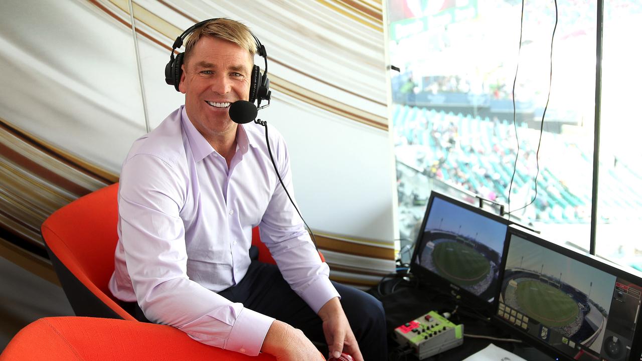 SuperCoach coach Shane Warne in the Fox Cricket commentary box.