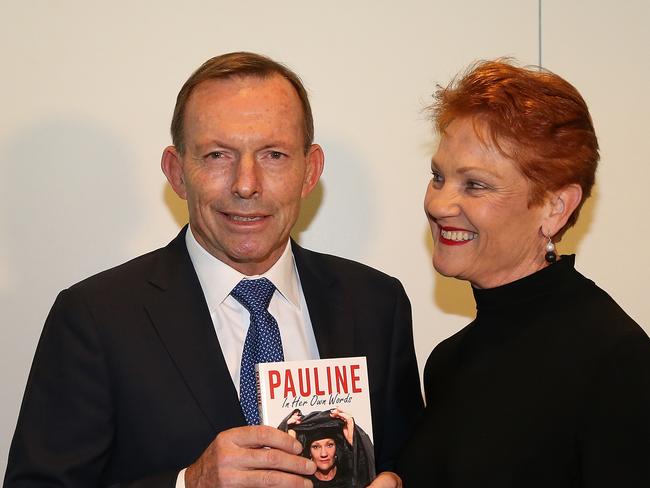 Former Prime Minister Tony Abbott  launching Senator Pauline HansonÕs first book in 11 years ÒPAULINE, IN HER OWN WORDSÓ, at Parliament House in Canberra. Picture Kym Smith