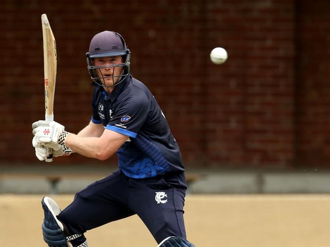 Premier Cricket 2021-22: Prahran v Dandenong Prahran Batsman Nick Blaich plays a cut shot.Picture: Stuart Milligan