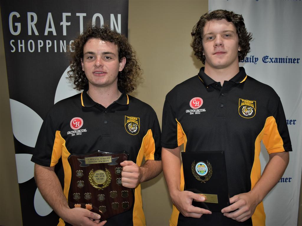 Kade Bagnall and Ronan Leslie accept the Telstra Grafton Team of the Year trophy on behalf of Grafton Tigers AFL Seniors at the 2020 Clarence Valley Sports Awards at Grafton District Services Club on Saturday, 14th November, 2020. Photo Bill North / The Daily Examiner