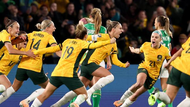 Australia’s stand-in skipper Steph Catley reacts after scoring from the penalty spot. Picture: AFP.