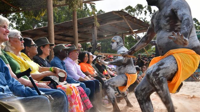 Yolngu yellow flag dancers perform in front of the PM. Picture: Zizi Averill