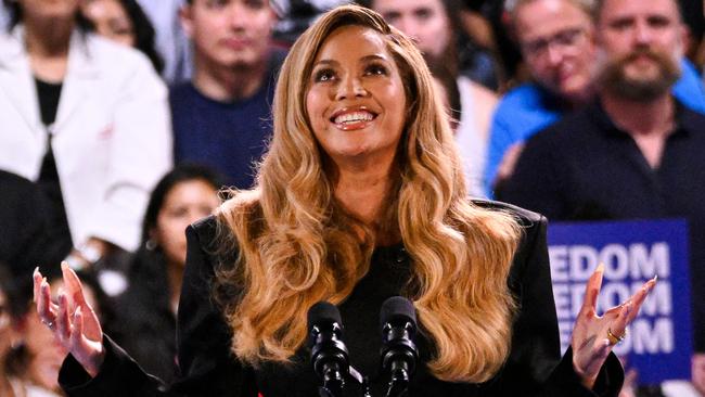 Beyonce speaks during a campaign rally for Kamala Harris. Picture: AFP