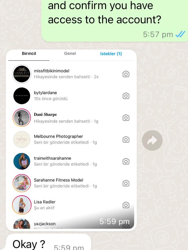 The hacker sent screenshots to prove he had access to her account. Picture: Supplied