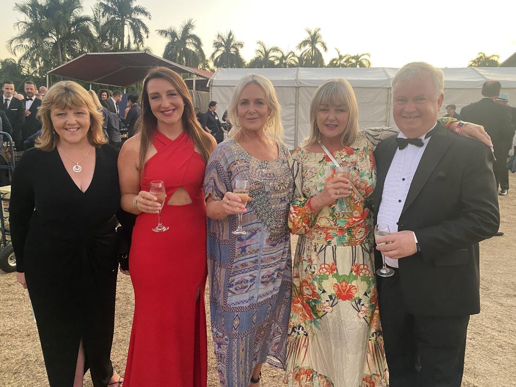 Anne Coffey, Lisa Coffey, Adrianne Sarkozy, Sam Lythall and Chris Jackson enjoy the 2022 Darwin Cup Gala Ball. Picture: NT News